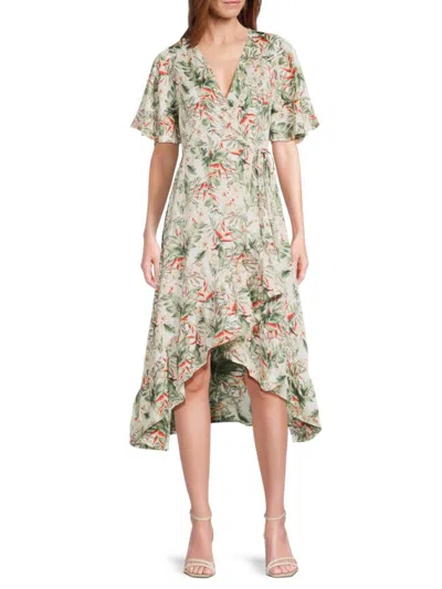 Subtle Luxury Women's Floral Wrap High-low Midi-dress In White Multi