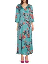 Subtle Luxury Women's Floral Wrap Maxi Kimono Dress In Teal Multi