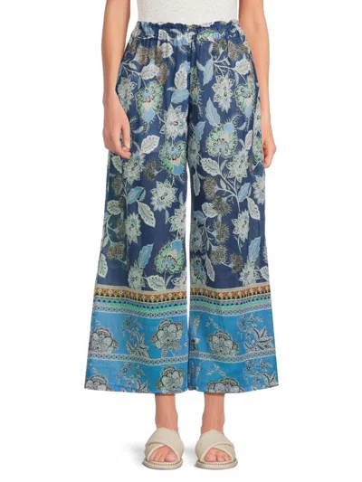 Subtle Luxury Women's Printed Cotton Pull On Pants In Dark Blue Multi
