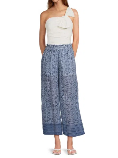 Subtle Luxury Women's Pull-on Cotton Cover-up Pants In Blue Multi