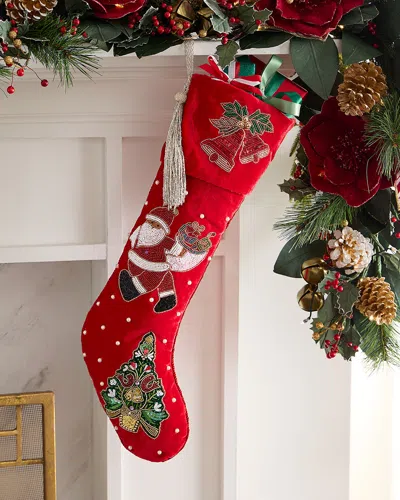 Sudha Pennathur Beaded Santa And Tree Velvet Christmas Stocking