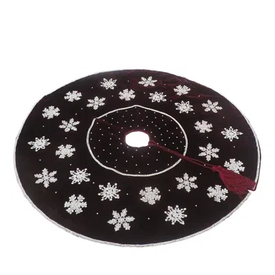 Sudha Pennathur Burgundy Velvet Beaded Snow Flake 36 Tree Skirt In Gold