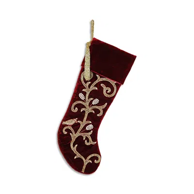 Sudha Pennathur Red Gold Beaded Stocking Partridge In Pear Tree In Burgundy