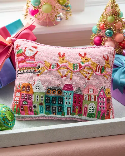 Sudha Pennathur Santa In Sleigh Over Buildings Beaded Pillow, 9" X 11"