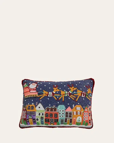 Sudha Pennathur Santa In Sleigh Over Buildings Beaded Pillow In Multi