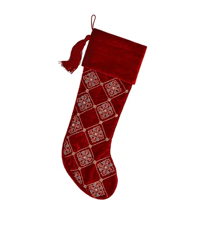 Sudha Pennathur Velvet Beaded Embroidered Stocking In Red