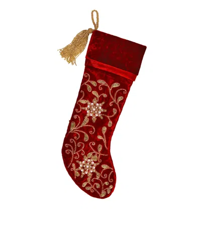 Sudha Pennathur Velvet Beaded Embroidered Stocking In Red
