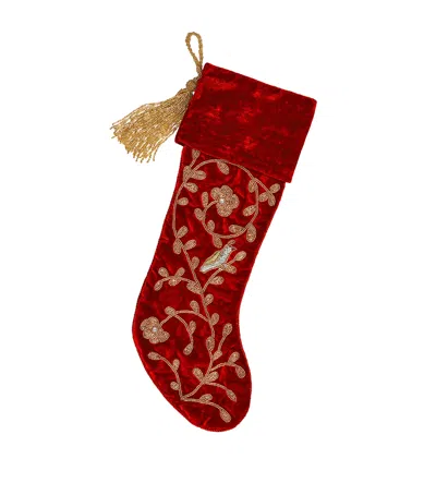 Sudha Pennathur Velvet Embroidered Partridge Stocking In Red