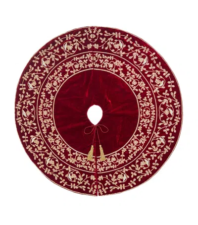 Sudha Pennathur Velvet Embroidered Partridge Tree Skirt In Red
