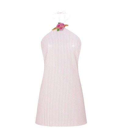 Sudietuz Halter Neck Mini Sequin Dress With Handmade Flower Accessory In Neutral