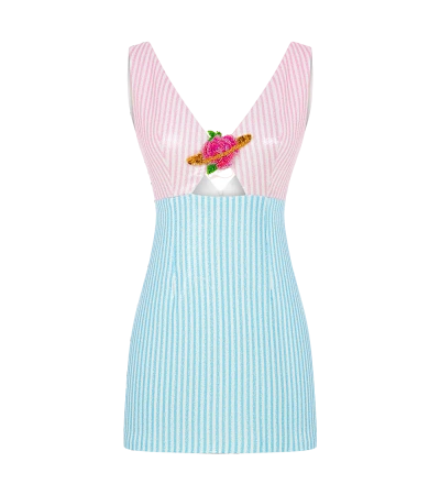 Sudietuz Printed Mini Sequin Dress With Handmade Flower Accessory In Multi