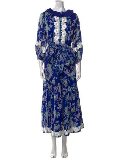Pre-owned Sue Sartor Floral Print Long Dress In Blue
