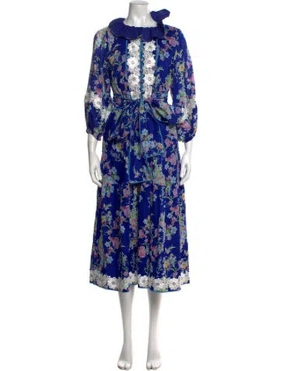 Pre-owned Sue Sartor Floral Print Long Dress In Blue