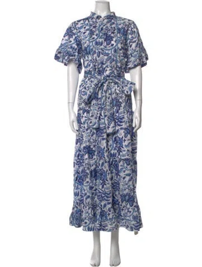 Pre-owned Sue Sartor Floral Print Long Dress In Blue/white