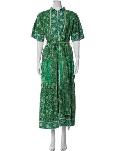 Pre-owned Sue Sartor Floral Print Long Dress In Green