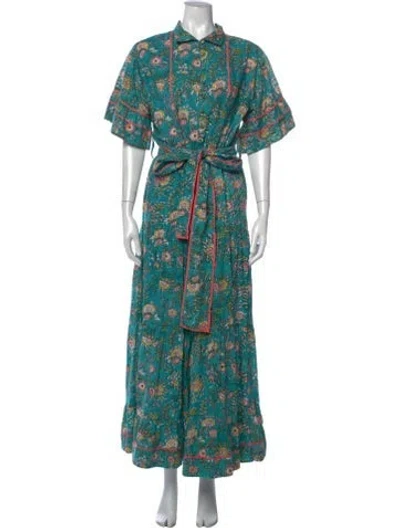 Pre-owned Sue Sartor Floral Print Long Dress In Green