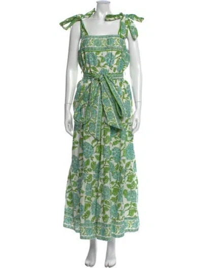 Pre-owned Sue Sartor Floral Print Long Dress In Green