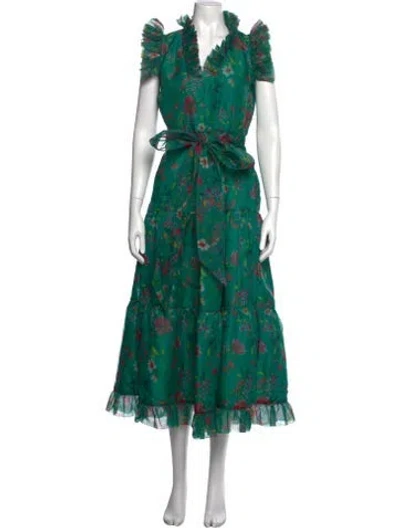 Pre-owned Sue Sartor Floral Print Long Dress In Green