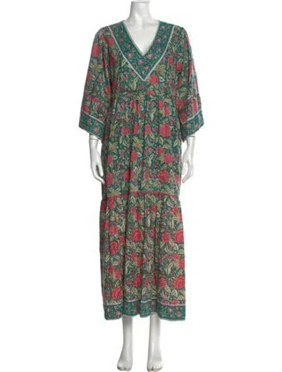 Pre-owned Sue Sartor Floral Print Long Dress In Green