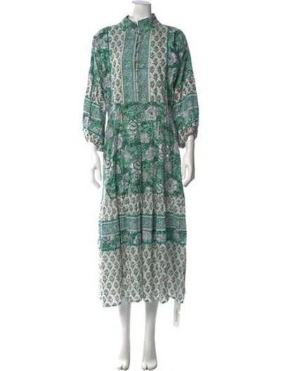 Pre-owned Sue Sartor Floral Print Long Dress In Green