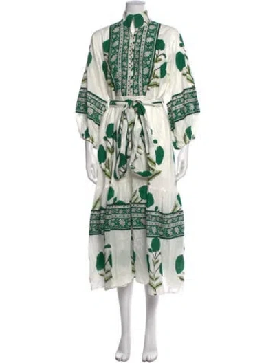 Pre-owned Sue Sartor Floral Print Long Dress In Green/white