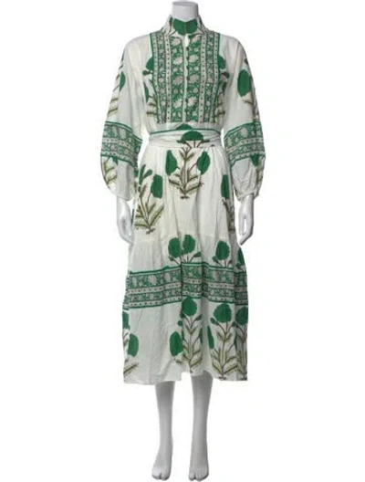 Pre-owned Sue Sartor Floral Print Long Dress In Green/white