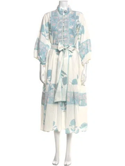 Pre-owned Sue Sartor Floral Print Long Dress In White