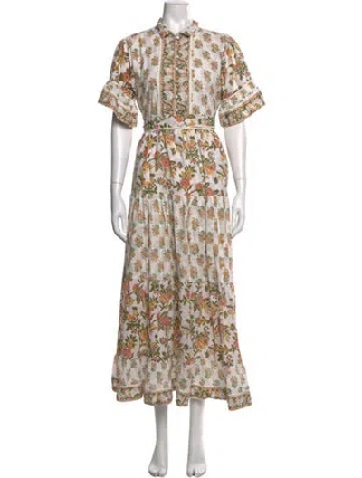 Pre-owned Sue Sartor Floral Print Long Dress In White