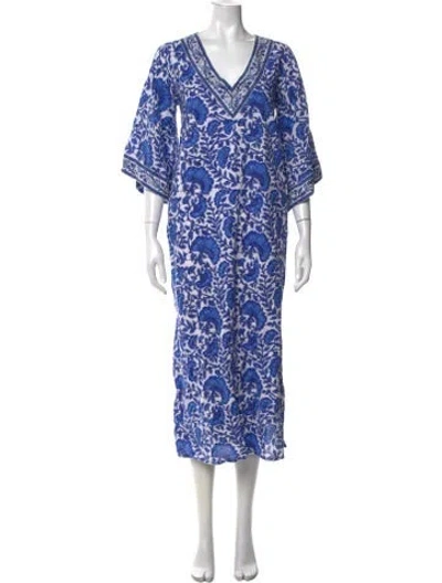 Pre-owned Sue Sartor Floral Print Long Dress In White