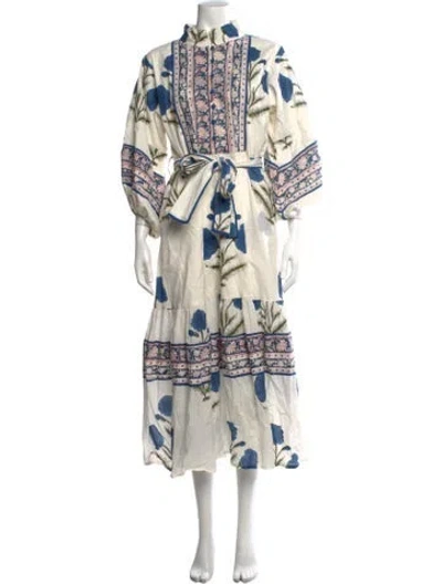 Pre-owned Sue Sartor Floral Print Long Dress In White