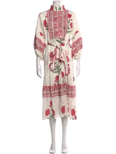 Pre-owned Sue Sartor Floral Print Long Dress In White