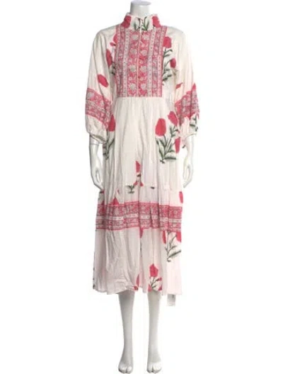 Pre-owned Sue Sartor Floral Print Long Dress In White