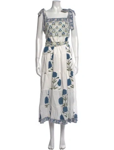 Pre-owned Sue Sartor Floral Print Long Dress In White