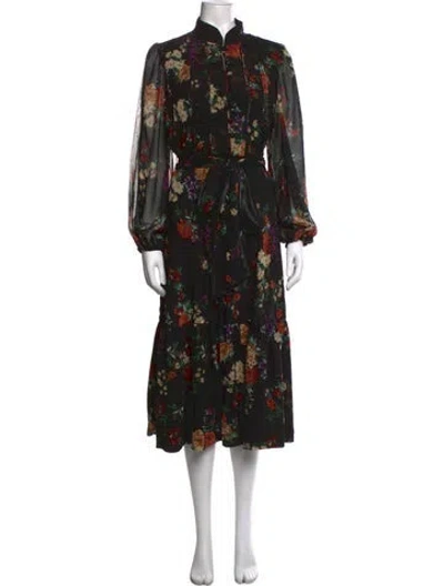 Pre-owned Sue Sartor Floral Print Midi Length Dress In Black