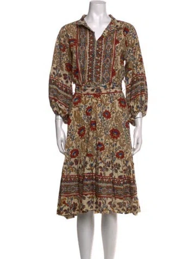 Pre-owned Sue Sartor Floral Print Midi Length Dress In Neutrals