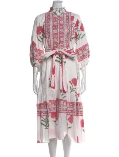 Pre-owned Sue Sartor Floral Print Midi Length Dress In White