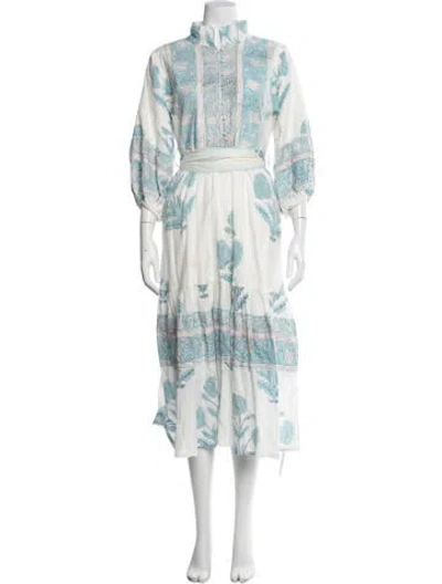 Pre-owned Sue Sartor Floral Print Midi Length Dress In White
