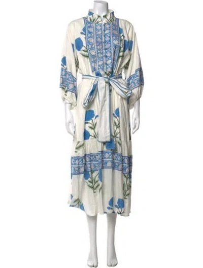 Pre-owned Sue Sartor Floral Print Midi Length Dress In White