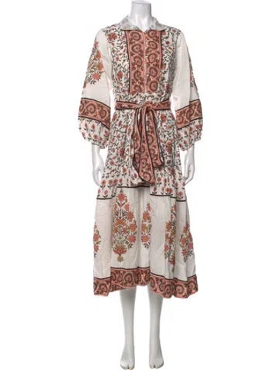 Pre-owned Sue Sartor Floral Print Midi Length Dress In White