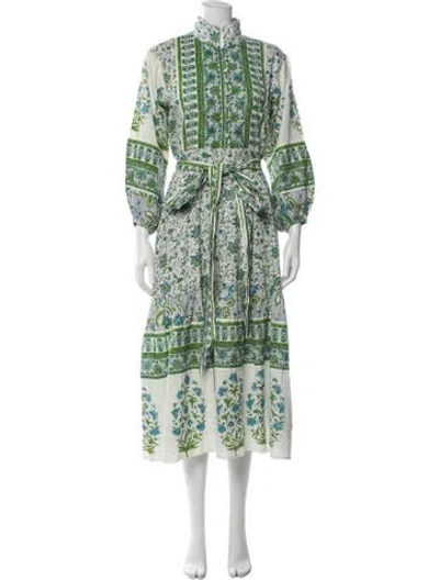 Pre-owned Sue Sartor Floral Print Midi Length Dress In White