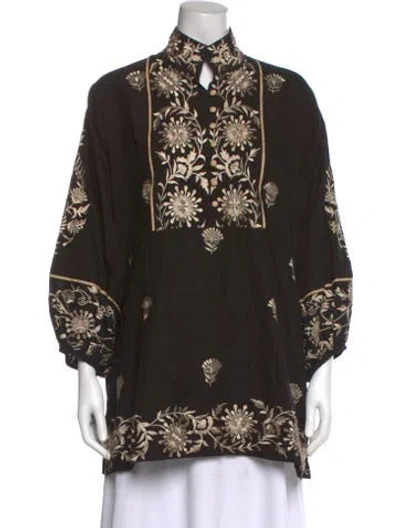 Pre-owned Sue Sartor Floral Print Three-quarter Sleeve Blouse In Black