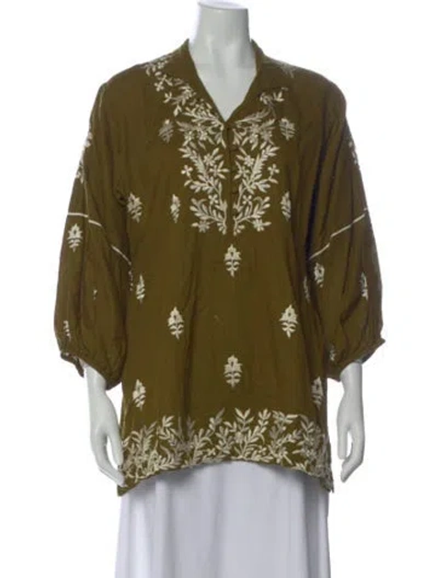 Pre-owned Sue Sartor Floral Print V-neck Blouse In Green