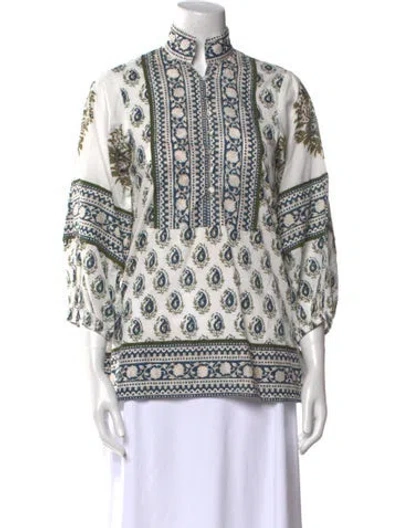 Pre-owned Sue Sartor Paisley Print Mock Neck Blouse In Blue