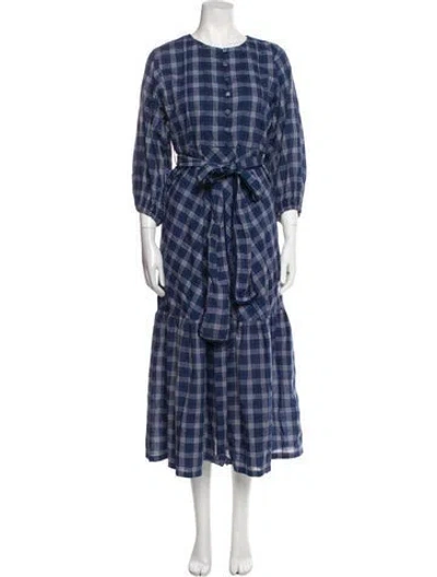 Pre-owned Sue Sartor Plaid Print Long Dress In Blue