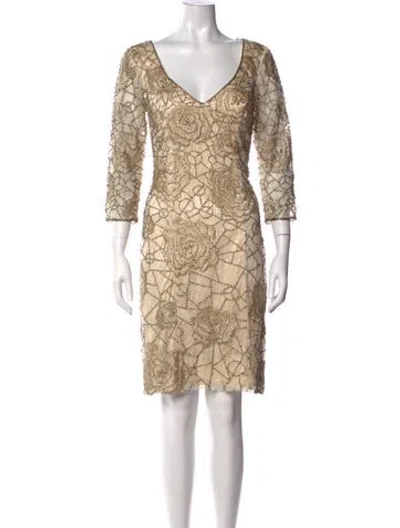 Pre-owned Sue Wong Floral Print Knee-length Dress In Neutrals