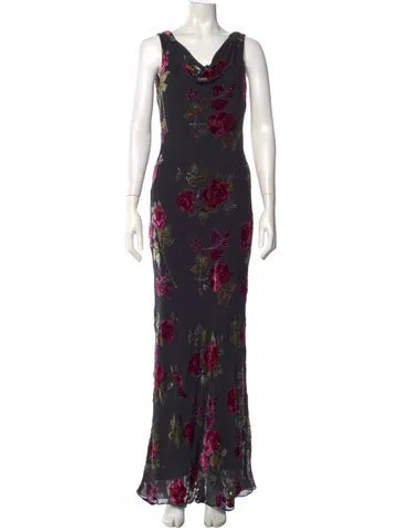 Pre-owned Sue Wong Floral Print Long Dress In Black