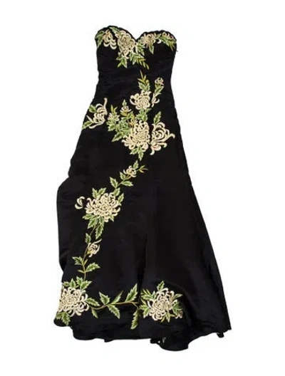 Pre-owned Sue Wong Floral Print Long Dress In Black