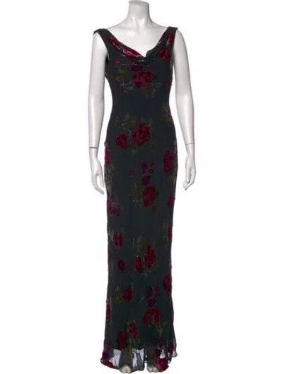 Pre-owned Sue Wong Floral Print Long Dress In Black