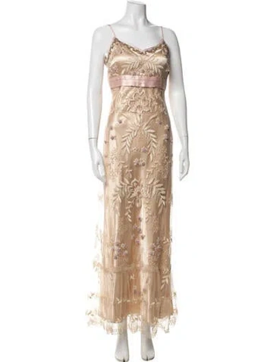 Pre-owned Sue Wong Floral Print Long Dress In Brown/pink