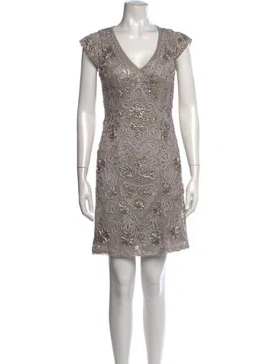 Pre-owned Sue Wong Floral Print Mini Dress In Metallic/silver